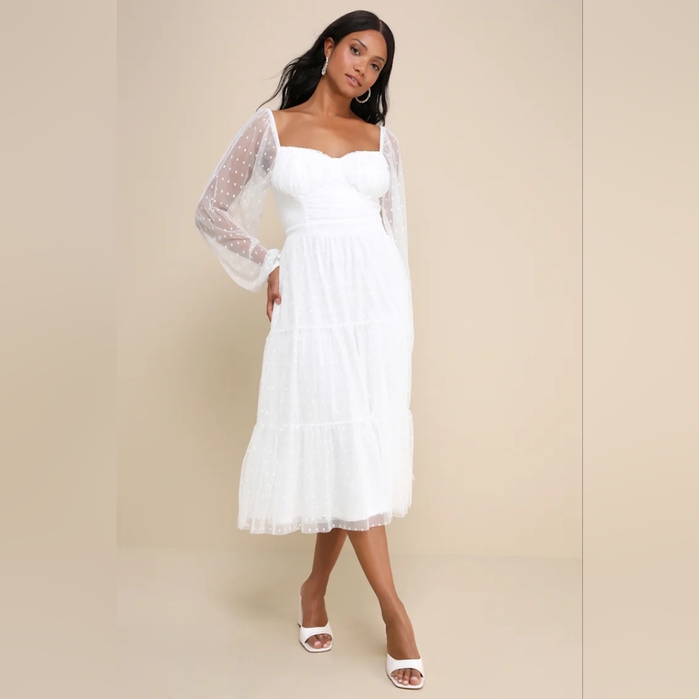 Lulu's Affectionate Aura White Swiss Dot Tiered Bustier Midi Dress